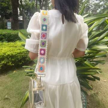 Greaciary Wide Purse straps Crochet Flower replacement crossbody for Handbags Adjustable Embroidery Knit Guitar Shoulder strap for Bag (off white)