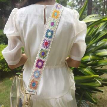 Greaciary Wide Purse straps Crochet Flower replacement crossbody for Handbags Adjustable Embroidery Knit Guitar Shoulder strap for Bag (off white)