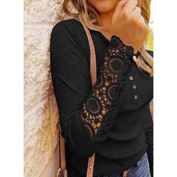 VICHYIE Women's Henley Long Sleeves Tunic Lace Tops V Neck Button Neck Casual Slim Fit Blouses Wrap ...