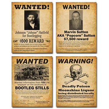 Bootleggers Wanted Posters Art Prints - Unframed Set of Four 8x10 Prints for Speakeasy Decor