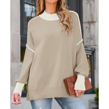 ZESICA Women's Fall Casual Long Sleeve Crew Neck Side Slit Oversized Ribbed Knit Pullover Sweater Tops,GreyApricot,Large