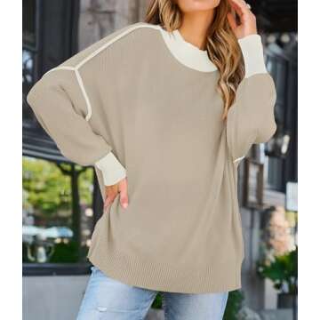 ZESICA Women's Fall Casual Long Sleeve Crew Neck Side Slit Oversized Ribbed Knit Pullover Sweater Tops,GreyApricot,Large