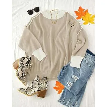 ZESICA Women's Fall Casual Long Sleeve Crew Neck Side Slit Oversized Ribbed Knit Pullover Sweater Tops,GreyApricot,Large