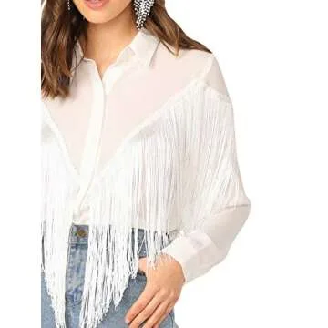 Verdusa Women's Fringe Trim Long Sleeve Button Up Blouse Shirt Top White M