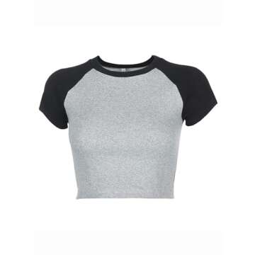 Avanova Women's Colorblock Basic Raglan Tee Short Sleeve Round Neck Slim Fit Crop Top T Shirt Grey Black X-Small