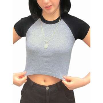 Avanova Women's Colorblock Basic Raglan Tee Short Sleeve Round Neck Slim Fit Crop Top T Shirt Grey Black X-Small