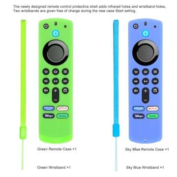 [2 Pack] Pinowu Firestick Remote Cover Case (Glow in The Dark) Compatible with Firetv Stick Alexa Voice Remote 3rd Gen, Silicone Sleeve with Wrist Strap (Green & Blue)