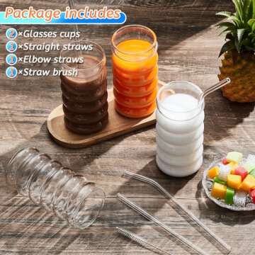 Tessco 2 Pcs 16 oz Creative Glass Cups Drinking Ribbed Glass Drinking with Brush and Straw Bubble Cups for Coffee Kitchen Cocktail Tea Juice Beer Beverage