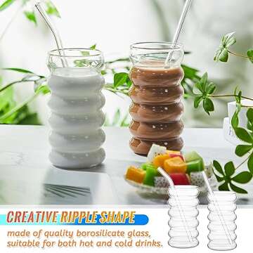 Tessco 2 Pcs 16 oz Creative Glass Cups Drinking Ribbed Glass Drinking with Brush and Straw Bubble Cups for Coffee Kitchen Cocktail Tea Juice Beer Beverage