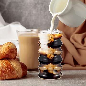 Tessco 2 Pcs 16 oz Creative Glass Cups Drinking Ribbed Glass Drinking with Brush and Straw Bubble Cups for Coffee Kitchen Cocktail Tea Juice Beer Beverage