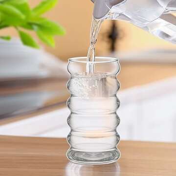 Tessco 2 Pcs 16 oz Creative Glass Cups Drinking Ribbed Glass Drinking with Brush and Straw Bubble Cups for Coffee Kitchen Cocktail Tea Juice Beer Beverage