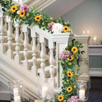 Uieke 2 Pack Artificial Sunflower Garland, 6ft/Strand Silk Sunflowers Hanging Vines Flowers Garland with Green Leaves for Room Kitchen Garden Birthday Wedding Baby Shower Party Table Decor