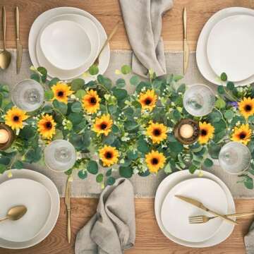 Uieke 2 Pack Artificial Sunflower Garland, 6ft/Strand Silk Sunflowers Hanging Vines Flowers Garland with Green Leaves for Room Kitchen Garden Birthday Wedding Baby Shower Party Table Decor