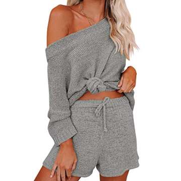 Ermonn Womens 2 Piece Outfits Sweater Sets Off Shoulder Knit Tops Waist Short Suits Casual Pajama Se...