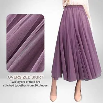 FEOYA Women's Ankle Length Tulle Skirt Pleated A Line Layered Long Tutu Skirt High Waist Elastic Mesh Maxi Skirt Purple