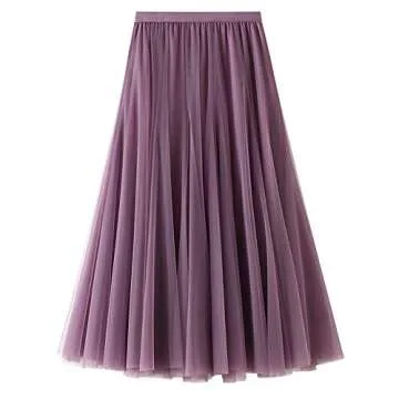 FEOYA Women's Ankle Length Tulle Skirt Pleated A Line Layered Long Tutu Skirt High Waist Elastic Mesh Maxi Skirt Purple