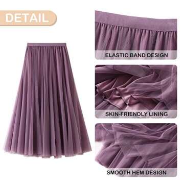 FEOYA Women's Ankle Length Tulle Skirt Pleated A Line Layered Long Tutu Skirt High Waist Elastic Mesh Maxi Skirt Purple