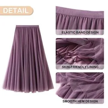 FEOYA Women's Ankle Length Tulle Skirt Pleated A Line Layered Long Tutu Skirt High Waist Elastic Mesh Maxi Skirt Purple