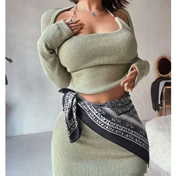 XLLAIS Fall Winter Women 3 Piece Outfits Sexy Knitted Long Skirt Set Two Piece Suits (Green Small)