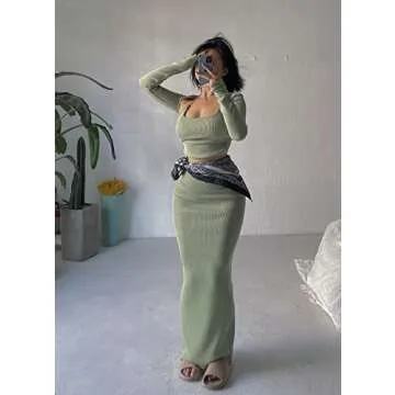 XLLAIS Fall Winter Women 3 Piece Outfits Sexy Knitted Long Skirt Set Two Piece Suits (Green Small)