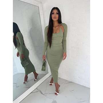 XLLAIS Fall Winter Women 3 Piece Outfits Sexy Knitted Long Skirt Set Two Piece Suits (Green Small)
