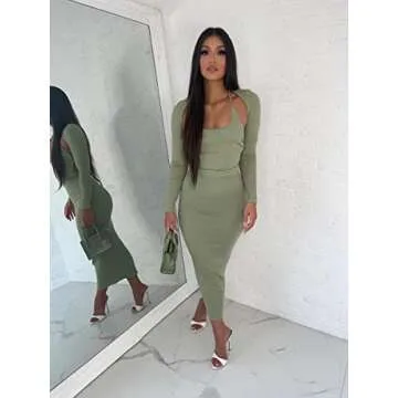 XLLAIS Fall Winter Women 3 Piece Outfits Sexy Knitted Long Skirt Set Two Piece Suits (Green Small)