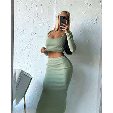 XLLAIS Fall Winter Women 3 Piece Outfits Sexy Knitted Long Skirt Set Two Piece Suits (Green Small)