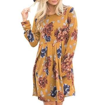 Women Floral Print Long Sleeve Dresses Ladies Super Soft Comfy Dress Knee Length Boho Dress Casual Swing Pleated Dress (Small, Yellow)