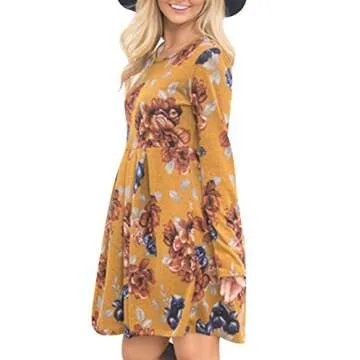 Women Floral Print Long Sleeve Dresses Ladies Super Soft Comfy Dress Knee Length Boho Dress Casual Swing Pleated Dress (Small, Yellow)