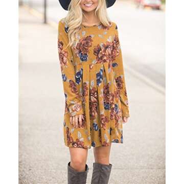 Women Floral Print Long Sleeve Dresses Ladies Super Soft Comfy Dress Knee Length Boho Dress Casual Swing Pleated Dress (Small, Yellow)