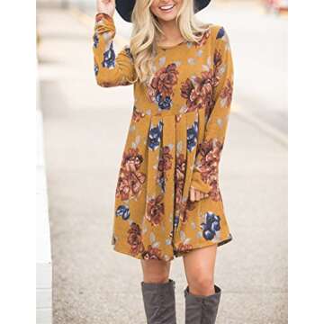 Women Floral Print Long Sleeve Dresses Ladies Super Soft Comfy Dress Knee Length Boho Dress Casual Swing Pleated Dress (Small, Yellow)