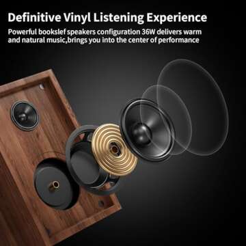 Bluetooth Turntable HiFi System with 36 Watt Bookshelf Speakers, Patend Designed Vinyl Record Player with Magnetic Cartridge, Bluetooth Playback and Auto Off