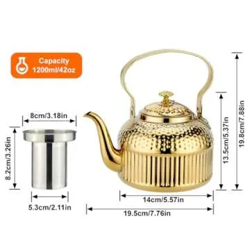 SANQIAHOME Antique 1.2L (40Oz) Stainless Steel Teapot with Infuser Gold