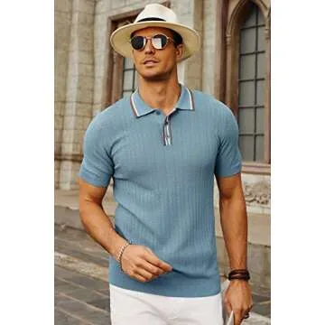 PJ PAUL JONES Men's Knit Polo Shirts Casual Lapel Collared Button Up Golf Polo Tee Shirts for Men Date Blue M