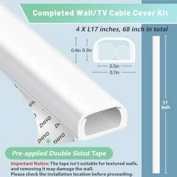 Wire Covers for 2 Cords, 68in (4X L17in) Wire Hider on Wall Mounted, White Cord Cover Kit, Cable Cover Cable Concealer for Extension Cord, Ethernet Cable, Speaker Wire, 0.7in(W) x 0.4in(H)