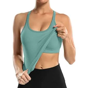ATTRACO Built in Bra Tank Top for Women Ribbed Workout Tops Running Fitness Shirts Green M
