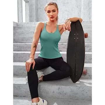 ATTRACO Built in Bra Tank Top for Women Ribbed Workout Tops Running Fitness Shirts Green M