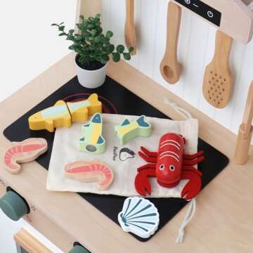 PairPear Wooden Play Food Cutting Seafood Set - Toddlers Wooden Toy Food Pretend Play Kitchen Access...