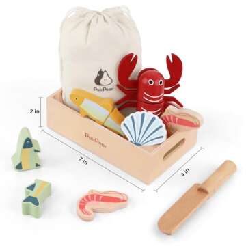 PairPear Wooden Play Food Cutting Seafood Set - Toddlers Wooden Toy Food Pretend Play Kitchen Accessories for 3 Years Old Boys Girls Early Education Toys Gift
