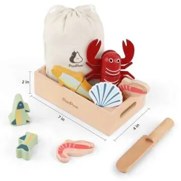PairPear Wooden Play Food Cutting Seafood Set - Toddlers Wooden Toy Food Pretend Play Kitchen Accessories for 3 Years Old Boys Girls Early Education Toys Gift