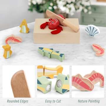 PairPear Wooden Play Food Cutting Seafood Set - Toddlers Wooden Toy Food Pretend Play Kitchen Accessories for 3 Years Old Boys Girls Early Education Toys Gift
