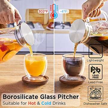 Glass Pitcher with Lid and Spout, Bivvclaz 50 Oz Iced Tea Pitcher for Fridge, Heat-resistant Water Pitcher for Hot or Cold Water, Juice, Tea, Glass Carafe with Diamond Pattern, Clear