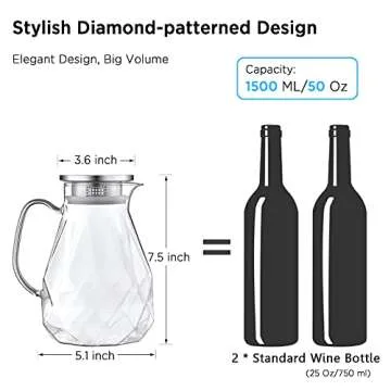 Glass Pitcher with Lid and Spout, Bivvclaz 50 Oz Iced Tea Pitcher for Fridge, Heat-resistant Water Pitcher for Hot or Cold Water, Juice, Tea, Glass Carafe with Diamond Pattern, Clear