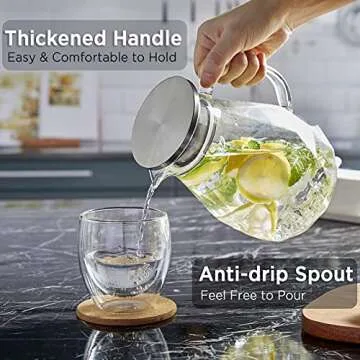 Glass Pitcher with Lid and Spout, Bivvclaz 50 Oz Iced Tea Pitcher for Fridge, Heat-resistant Water Pitcher for Hot or Cold Water, Juice, Tea, Glass Carafe with Diamond Pattern, Clear