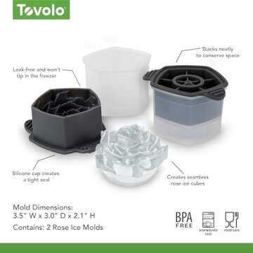 Tovolo Rose Shaped Ice Molds, Set of 2 - Large Romantic Ice Mold Gift - Unique Ice Mold Chills Drinks - Odor-Free Freezer Storage, Dishwasher-Safe with Silicone Plunger