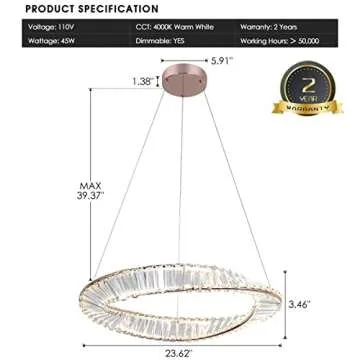 Buccleuch Lighting Over Table for Dining Room Modern Crystal Ring Chandelier Pendant Light Fixture Adjustable Cord for Living Room Kitchen, Rose Gold D23.6 4000K LED Dimmable