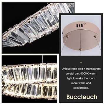 Buccleuch Lighting Over Table for Dining Room Modern Crystal Ring Chandelier Pendant Light Fixture Adjustable Cord for Living Room Kitchen, Rose Gold D23.6 4000K LED Dimmable