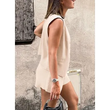 PRETTYGARDEN Summer 2 Piece Outfits Sets for Women Button Down Deep V Neck Vest Waistcoat Sleeveless Tops Shorts with Pockets (Beige,Medium)