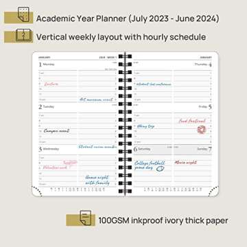 POPRUN Small Planner 2023-2024 (4''x 6.25'') Academic Planner Weekly and Monthly (July 23-June 24) Spiral Planner with Hourly Time Slots, Hard Cover, Wirebound, for Purse, 100 GSM - Light Pink