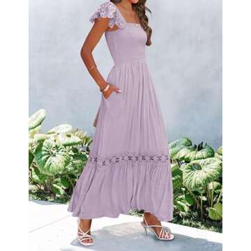 ZESICA Women's 2024 Summer Lace Strap Sleeveless Square Neck Smocked High Waist Ruffle Hollow Out Flowy A Line Maxi Dress,Lightpurple,Small